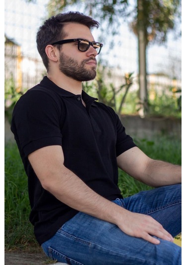 Erkek Siyah Rahat %100 Pamuk Ribana Kol Polo Yaka T-shirt 24eplypope 001