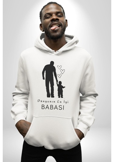 Babalar Günü Dünyanın En İyi Babası Kadın Erkek Beyaz Kapüşonlu Sweatshirt Hoodie Beyaz