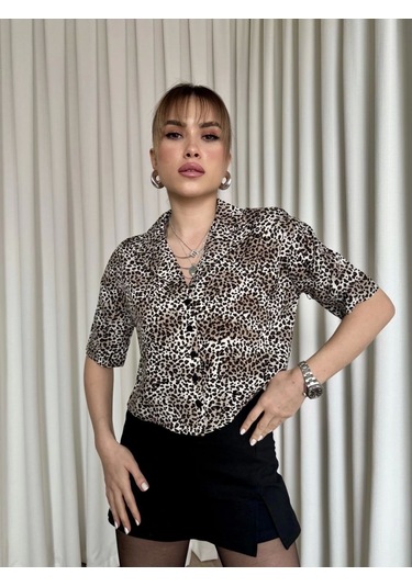 Leopar Desenli Crop Gömlek Kahve