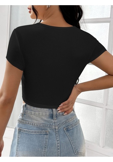 Kare Yaka Siyah Renk Fitilli Kısa Kollu Slim Fit Crop Top Bluz