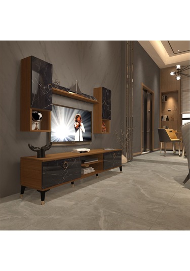 Decoraktiv Eko 5da Mdf Dvd Gold Tv Ünitesi Tv Sehpası Ceviz - Siyah Mermer
