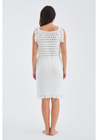 Peraluna Mıyokı Dress %100 Pamuk Diz Hizası Yazlık Kadın Triko El Kırık Beyaz