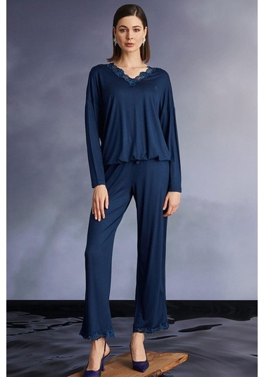 Monamise 22131 Kadın Uzun Kollu Pijama Takımı-lacivert Lacivert