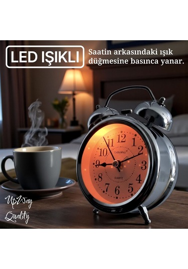 Upway Çanlı Tokmaklı Yüksek Zil Sesli Gümüş Metal Kasalı Işıklı Nostaljik Retro Çalar Saat Gümüş