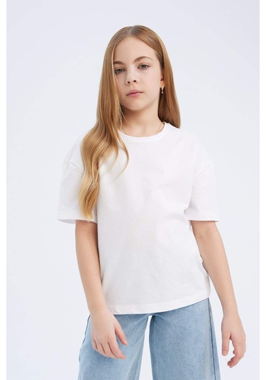 DeFacto Kız Çocuk Relax Fit Bisiklet Yaka Basic Düz Kısa Kollu Tişört D9099A825SMWT34 Beyaz