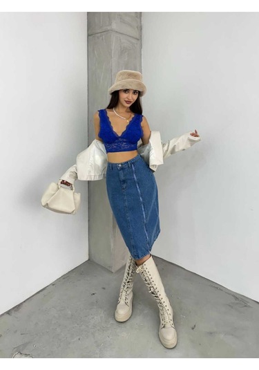 Shevega Kadın Mavi Ön Fermuar Detayli Kot Etek Mavi