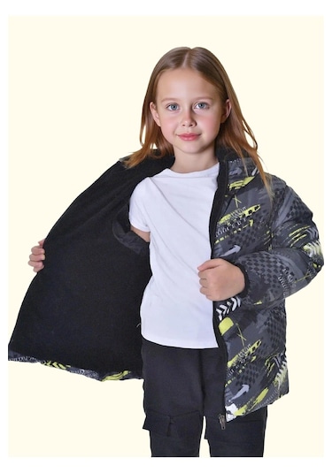 Kız Çocuk Dijital Desen Polar Su Ve Rüzgar Geçirmez Kapüşonlu Şişme Kışlık Mont Sarı