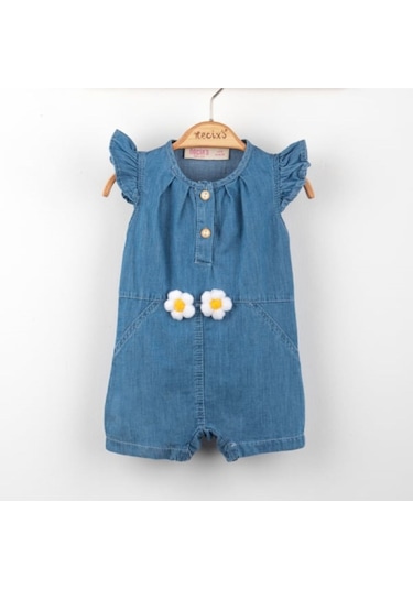 Çiçek Nakışlı Kız Kısa Kot Tulum Lacivert