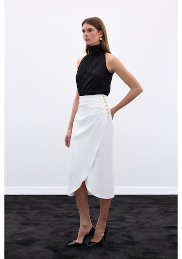 Sateen Düğme Detaylı Kalem Etek - Ekru-136778 Ekru