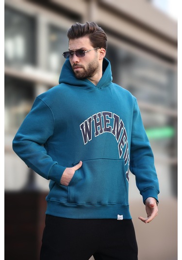 Madmext Petrol Mavisi Kapüşonlu Baskılı Cep Detaylı Erkek Sweatshirt E7065 Petrol Mavisi