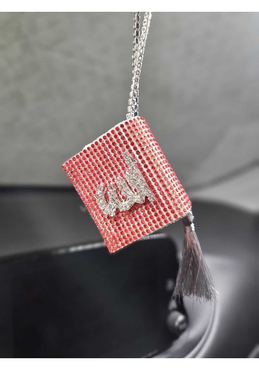 Kırmızı Kuran Kerim Gümüş Yazılı Gri Püskül