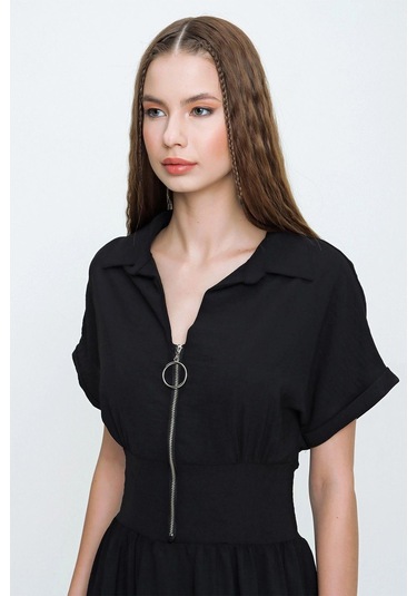 Kadın Siyah Fermuarlı Beli Büzgülü Airobin Polo Yaka Elbise Maksi Boy Uzun Rahat Ve Günlük Siyah