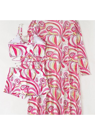 Kadın Mayo Yüksek Bel Bikini Seti Üç Adet Kadın Uzun Kollu Cover Up Mayo Plaj Mayo Pembe