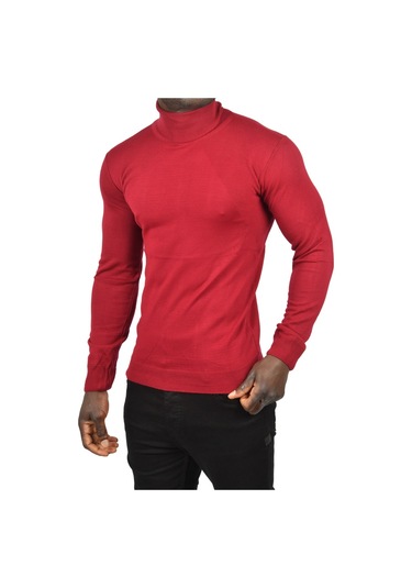 Deepsea Erkek Bordo Tam Balıkçı Yaka Yanları Desenli Slim Fit Boğazlı Triko Kazak 2505495 Bordo