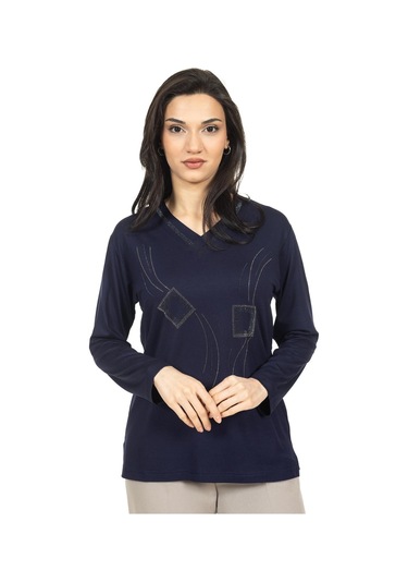 Kadın Orta Yaş Ve Üzeri Yeni Model V Yaka Taş İşlemeli Anne Penye Bluz 30560-lacivert