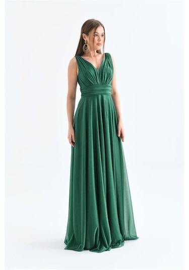 Dip Moda Kadın Astarlı Sim Detaylı Uzun Abiye Elbise Dpnbs9223 Yeşil