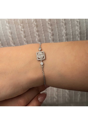 Gümüş Kare Baget Taşlı Kadın Bileklik Gümüş