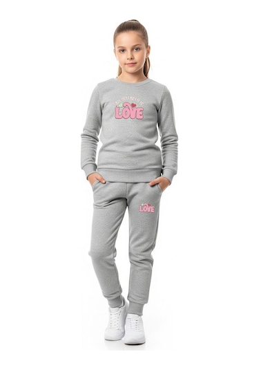 Düz Yuvarlak Yaka Lowe Yazı Baskılı Kız Çocuk Eşofman Takımı Gri