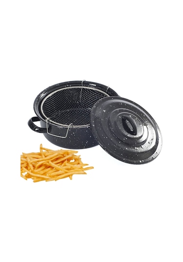 Siyah Kapaklı Emaye Cips Fritöz Kızartma Tenceresi 24 CM