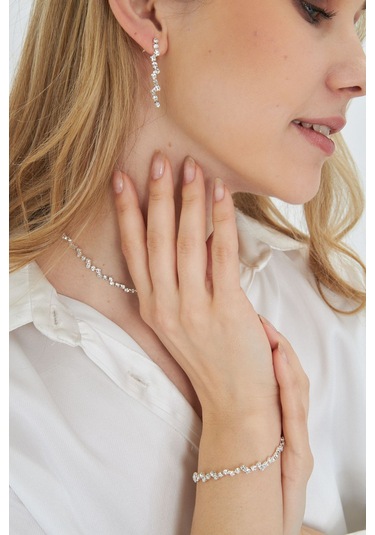 Lesa Wear Ajda Model Zirkon Taşlı Zarif Kolye Küpe Bileklik Seti Gümüş