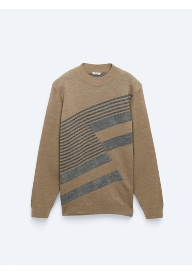 Deve Tüyü Bisiklet Yaka Desenli Yün Karışımlı Triko Kazak Bej