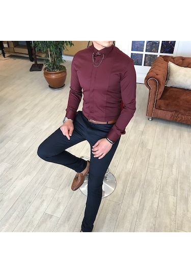 Italyan Kesim Slim Fit Erkek Saten Bordo Zincirli Gömlek T4099