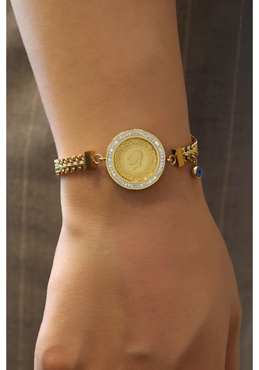 22 Ayar Çeyrek Altınlı Çelik Zincirli Bileklik