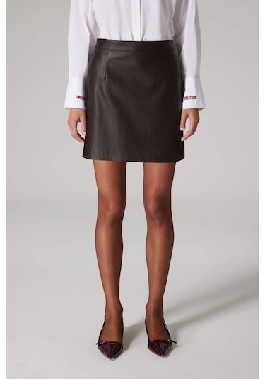DeFacto x Sorbe A Kesim Yüksek Bel Suni Deri Mini Etek D9717AX24AUBN225 Kahve