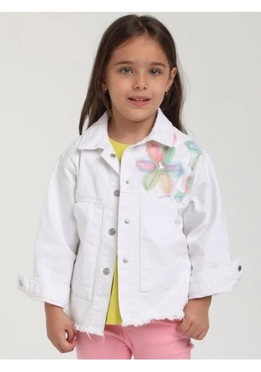 Kız Çocuk Çiçek Desenli Kot Ceket-15633 Beyaz