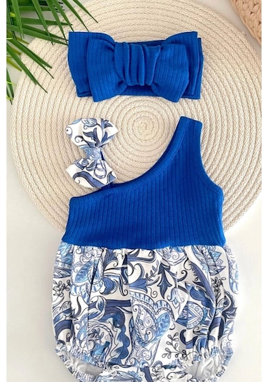 Kız Bebek Kokina Çiçeği Tek Omuz Romper Tulum Mavi