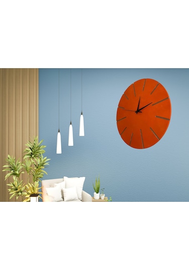 Ahşap Minimal Dekoratif Duvar Saati - 33x33 Cm Turuncu ÇOk Renkli
