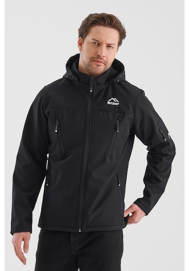 Çıkartılabilen Fermuarlı Kapüşon Cepli İçi Polarlı Su Geçirmez Softshell Erkek Mont Siyah Siyah
