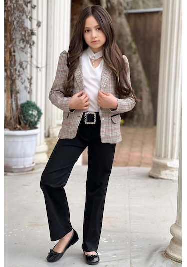 Riccotarz Kız Çocuk Yakası Açık Ve Taş Detaylı Bluz Ekose Çizgi Blazer Ceket Kemerli Siyah Alt Üst Takım Siyah
