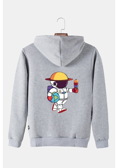 Unisex Gri Kapüşonlu Arkası Astronot Baskılı Slim Fit Kanguru Cepli Sweatshirt Gri
