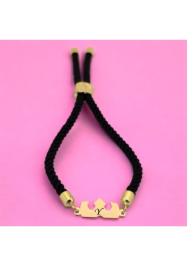 Y Harfine Özel Taç Figürlü 14 Ayar Altın Plakalı Siyah İpek Örgülü Hediye Bileklik-507harf Y