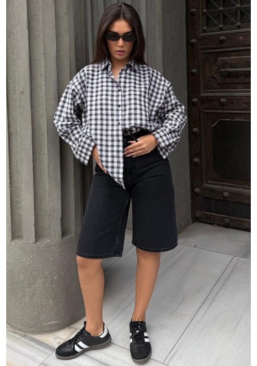 Madmext Siyah Oversize Kareli Kadın Gömlek Mg2822