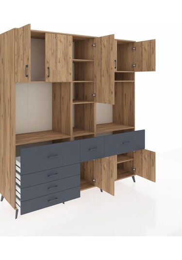 Kronos Dolap 10 Raflı 6 Çekmeceli 8 Kapaklı 220x59x243 Çam-çam/antrasit Atlas Çam/antrasıt