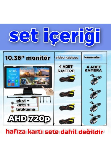 Mibzer İçin Dokunmatik 10.36 İnç Monitör Ve 4 Adet Ahd 720p Beyaz Ledli Kamera Seti 12 V