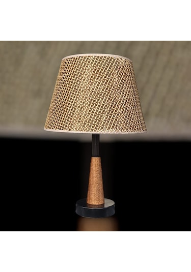 Legna Abajur Siyah Rattan Kahverengi Şapkalı Ahşap Gövdeli