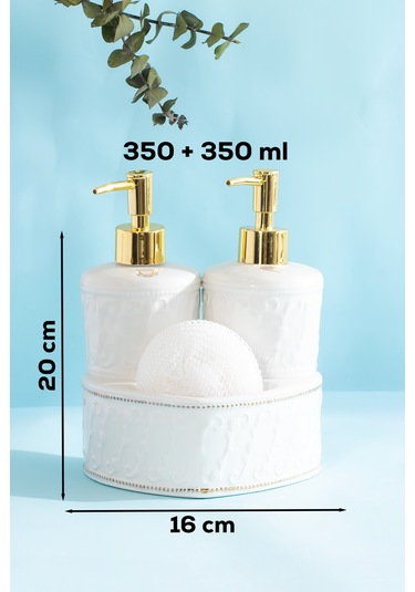 Porsima 3117 Gold Kapaklı Porselen Süngerli 2li Sıvı Sabunluk Beyaz 350+350 Ml Açık Gri - Beyaz