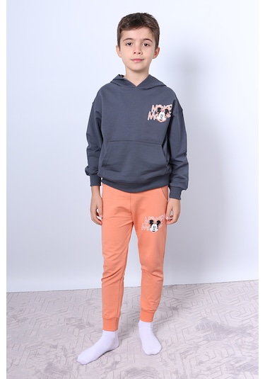 Erkek Çocuk Kapşonlu Eşofman Takımı Mickey Mouse Sırt Baskılı Ribanalı F3 Turuncu