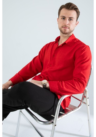 Rahat Kesim Keten Dokulu Gömlek Kırmızı