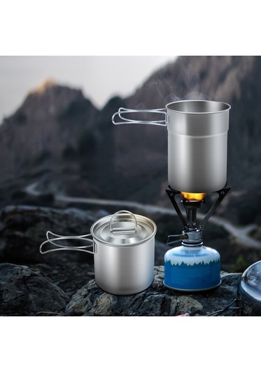 Youmex Katlanabilir Kulplu 2'li Paslanmaz Çelik Kamp Kupası Seti - 700ml & 1000ml - Seyahat & Doğa İçin Gümüş