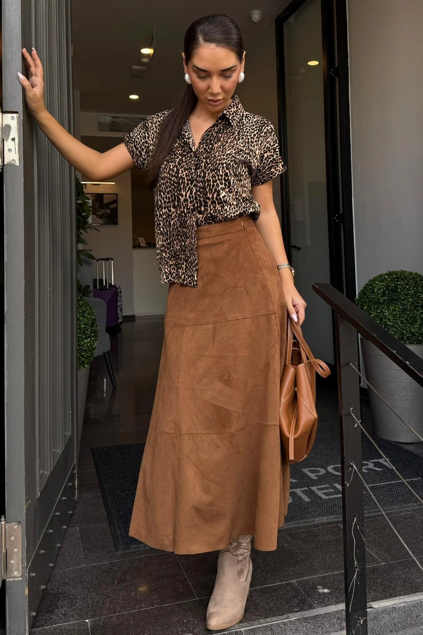 Kahverengi Süet Uzun Etek Mg2549 Kahverengi