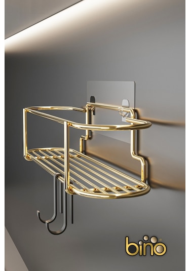 Bino Baharatlık Lüks Metal Gold Mutfak Rafı Banyo Rafı Yapışkanlı Kancalı Şık Tasarım Tuzluk Askılık Çok Renkli