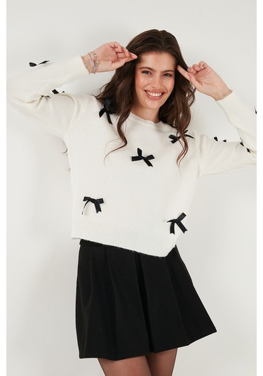 Lela Premium Regular Fit Bisiklet Yaka Fiyonk Detaylı Triko Bayan Kazak 680Kz00155 Ekru