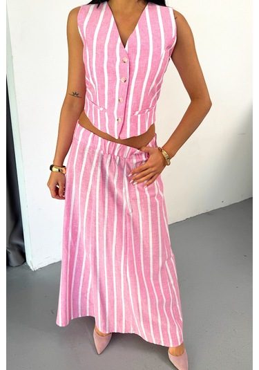 Sensuelle Keten Çizgili Yelek - Uzun Etek Takım - Pembe Pembe