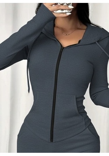 Tua Moda Kadın Uzun Kollu Kapşonlu Bağcıklı Önü Fermuarlı Viskon Iki Iplik Bluz Ve Pantolon Ikili Takım Gri