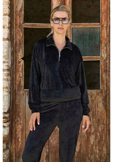 Cossy By Aqua 26062 Kadın Uzun Kollu Kadife Dik Yaka Paçası Bantlı Eşofman Takımı-siyah Siyah