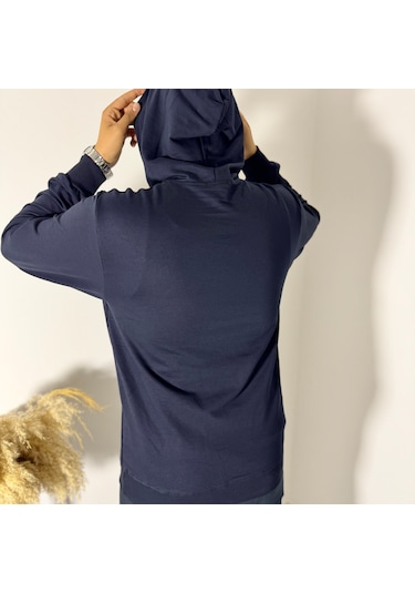 Say-Has Fashion Kapüşonlu Göğüs Baskılı Sweatshirt Lacivert